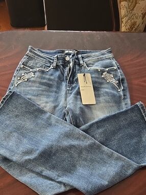 Sky Women's Blue Boot Cut Jeans with Beaded Pocket Detail